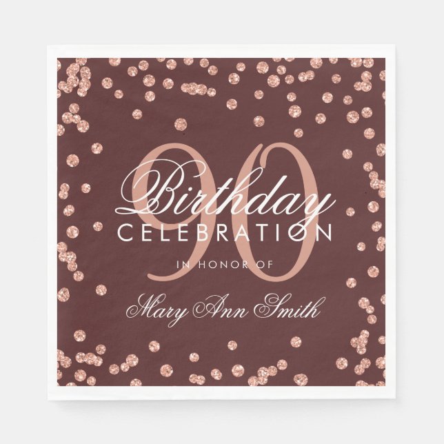 Rose Gold 90th Birthday Glitter Confetti Burgundy Napkin (Front)