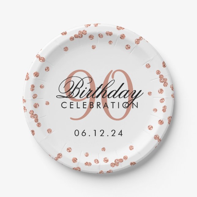 Rose Gold 90th Birthday Glitter Confetti White Paper Plate (Front)