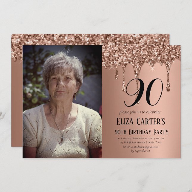 Rose Gold 90th Ninety Drip Elegant Birthday  Invitation (Front/Back)