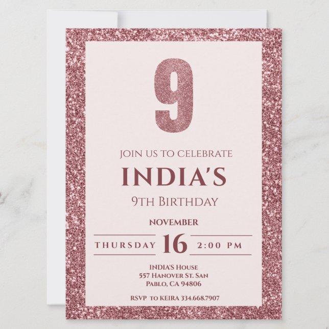 rose gold 9th birthday invitation (Front)