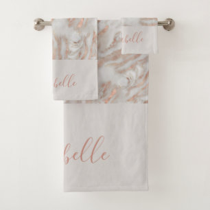 Rose gold abstract marble elegant girly name bath towel set