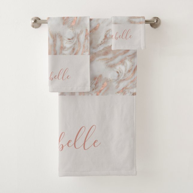 Rose gold abstract marble elegant girly name bath towel set (Insitu)