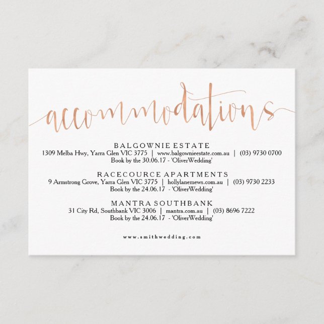 Rose Gold Accommodations Info Card (Front)