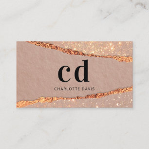 Rose gold agate glitter marble monogram initials business card