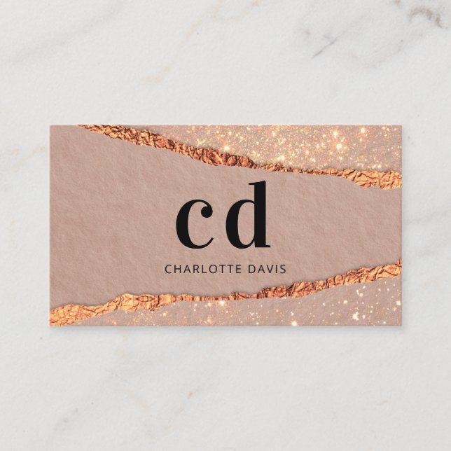 Rose gold agate glitter marble monogram initials business card (Front)