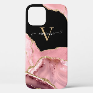 Rose Gold Agate Glitter Monogram iPhone 12 Case