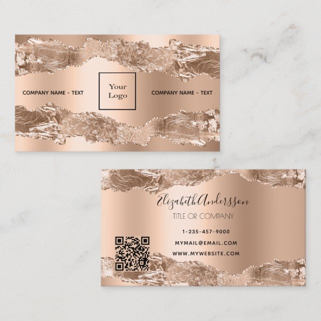 Rose gold agate marble logo QR code Business Card (Front/Back)