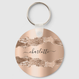 Rose gold agate marble name script key ring