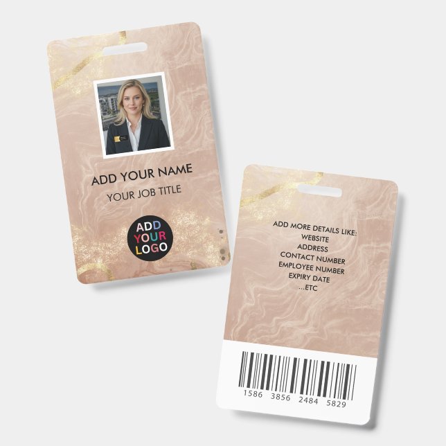 Rose Gold Agate Marble Photo ID Badge Barcode QR  (Front & Back)