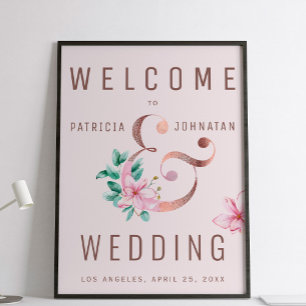 Rose gold ampersand pink welcome wedding sign