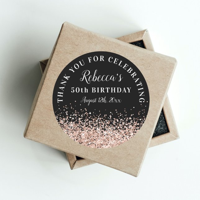 Rose Gold and Black 50th Birthday Thank You Favour Classic Round Sticker (Creator Uploaded)