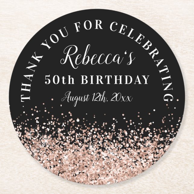 Rose Gold and Black 50th Birthday Thank You Favour Round Paper Coaster (Front)