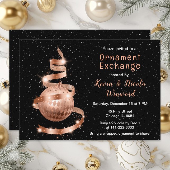 Rose Gold and Black Christmas Ornament Exchange Invitation (Creator Uploaded)