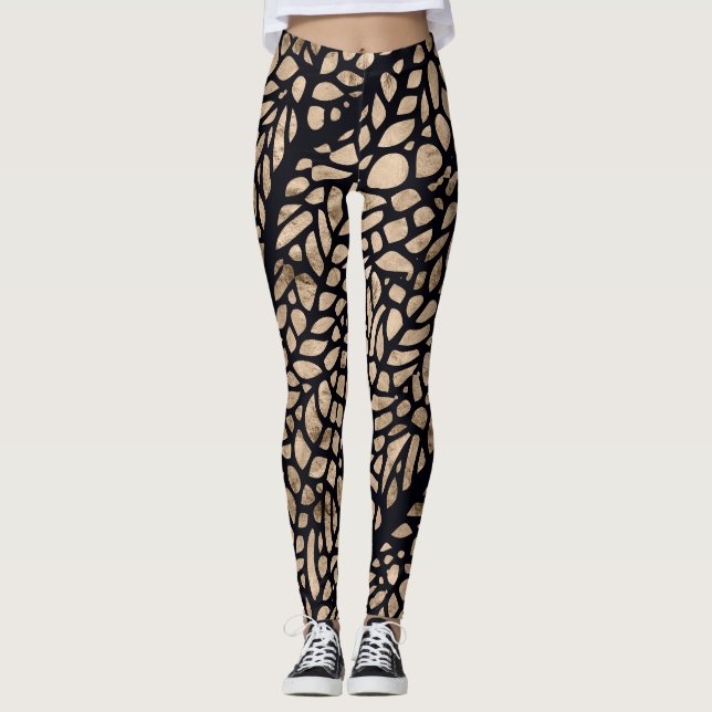 Rose gold and black dragonfly wing graphic pattern leggings (Front)