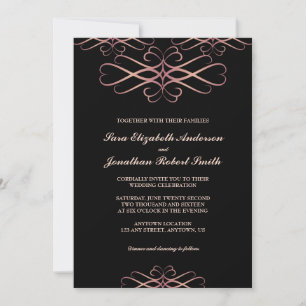 Rose Gold and Black, Elegant Flourishes Wedding Invitation