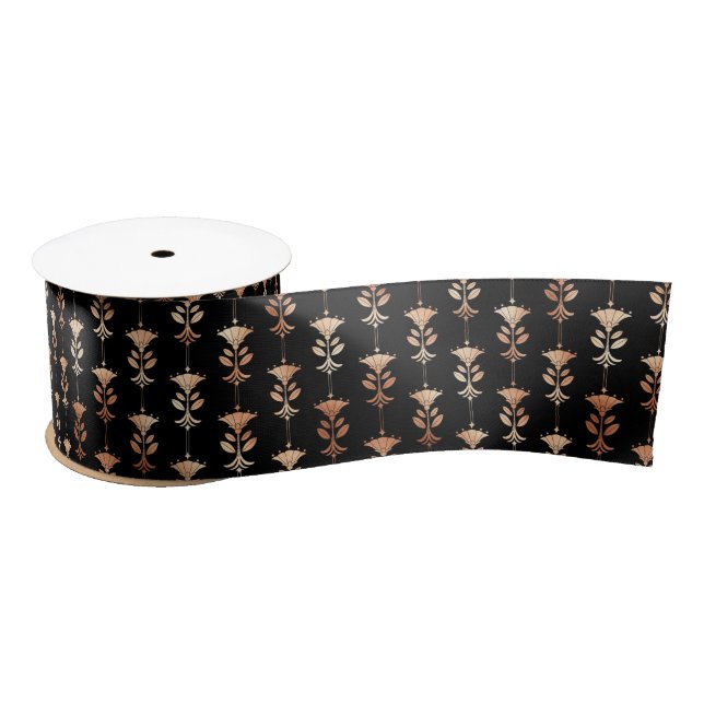 Rose Gold and Black Floral Art Deco Pattern Satin Ribbon (Spool)