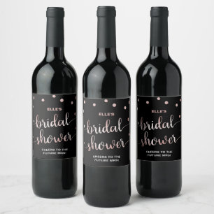 Rose Gold and Black Glam Confetti Bridal Shower Wine Label
