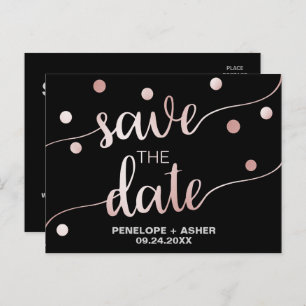 Rose Gold and Black   Glam Confetti Save the Date Announcement Postcard