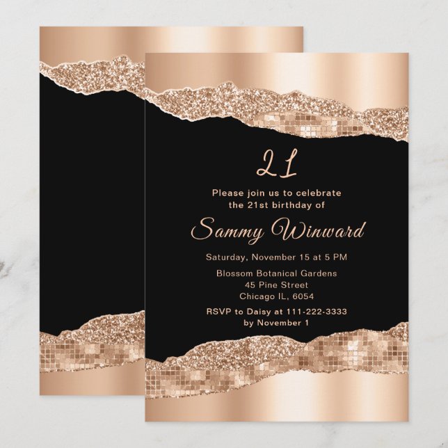 Rose Gold and Black Glam Tears Birthday Party Invitation (Front/Back)