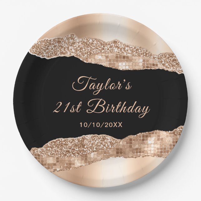 Rose Gold and Black Glam Tears Birthday Party Paper Plate (Front)