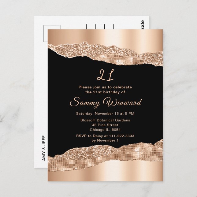 Rose Gold and Black Glam Tears Birthday Party Postcard (Front/Back)