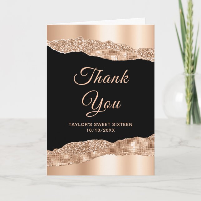 Rose Gold and Black Glam Tears Sweet Sixteen Thank You Card (Front)