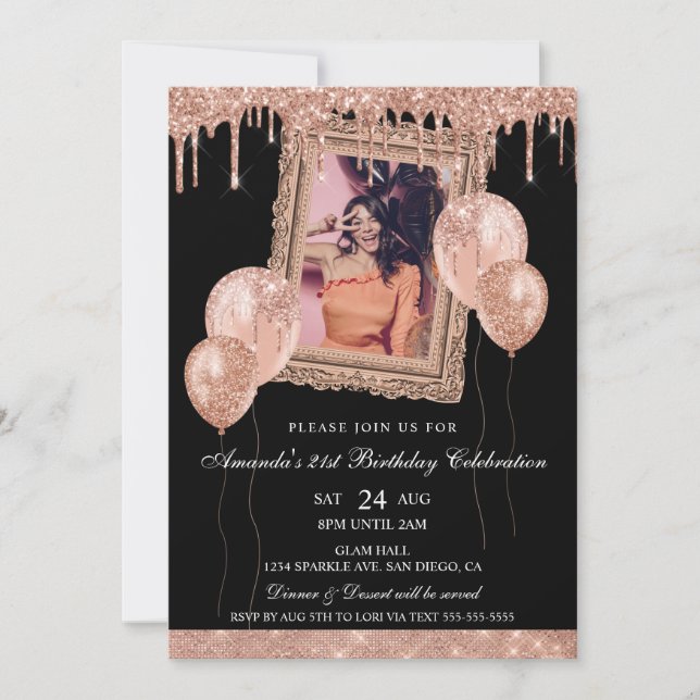 Rose Gold and Black Glitter Drip Photo Frame Invitation (Front)