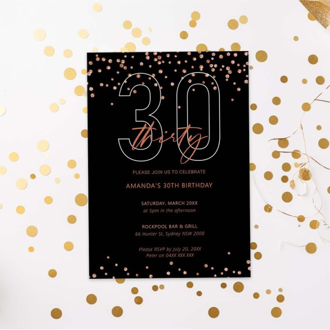 Rose gold and black glitter sparkle 30th birthday invitation (Creator Uploaded)