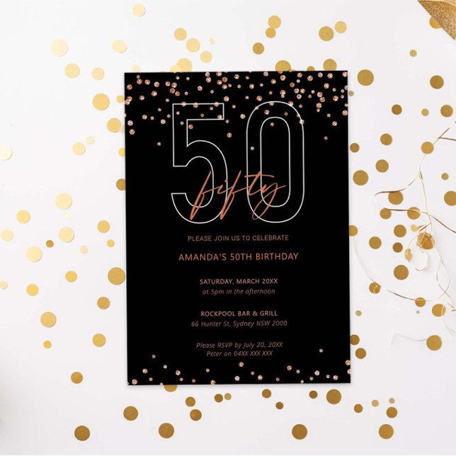 Rose gold and black glitter sparkle 50th birthday invitation (Creator Uploaded)
