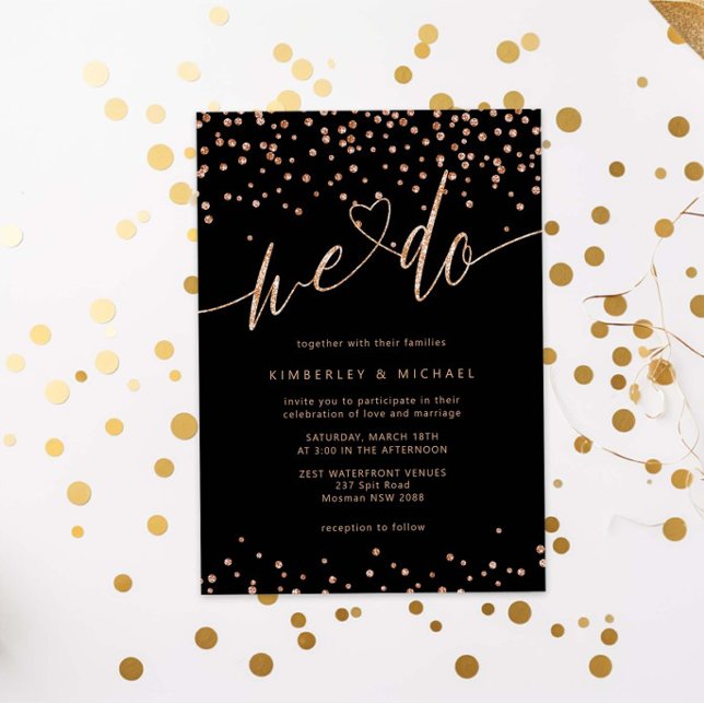 Rose gold and Black Glitter Sparkle We Do Wedding Invitation (Creator Uploaded)