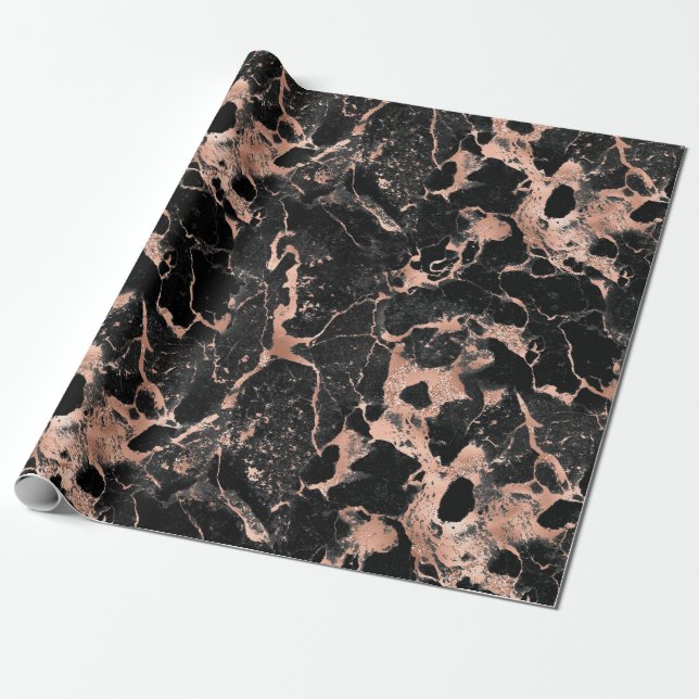 Rose Gold and Black Marble Wrapping Paper (Unrolled)