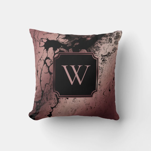 Rose Gold and Black Marbled Pattern w/ Monogram Cushion (Front)
