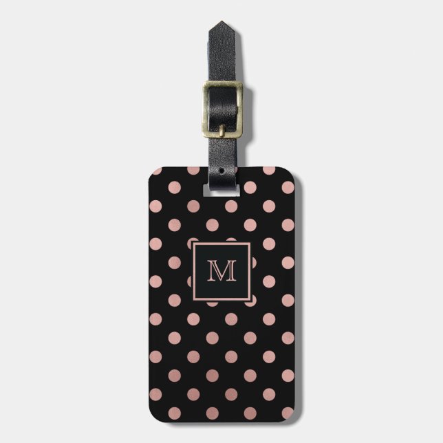 Rose Gold and Black Polka Dot Luggage Tag (Front Vertical)