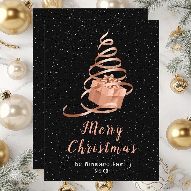 Rose Gold and Black Ribbon Gift Merry Christmas Holiday Card (Creator Uploaded)