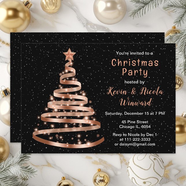 Rose Gold and Black Ribbon Tree Christmas Party Invitation (Creator Uploaded)