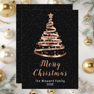 Rose Gold and Black Ribbon Tree Merry Christmas Holiday Card