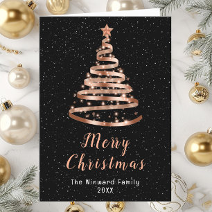 Rose Gold and Black Ribbon Tree Merry Christmas Holiday Card
