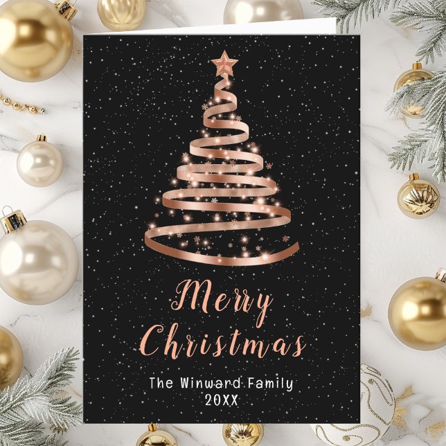 Rose Gold and Black Ribbon Tree Merry Christmas Holiday Card (Creator Uploaded)