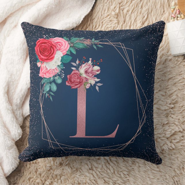 Rose Gold and Blue L Monogram Floral Throw Pillows (Blanket)