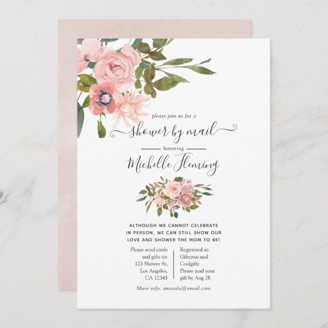 Rose Gold and Blush Floral Baby Shower by Mail Invitation (Front/Back)