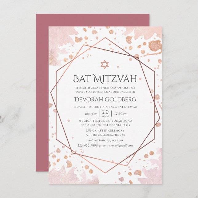 Rose Gold and Blush Geometric Bat Mitzvah Invitation (Front/Back)