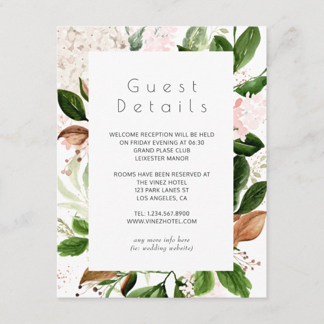 Rose Gold and Blush Greenery Wedding Guest Details Enclosure Card (Front)