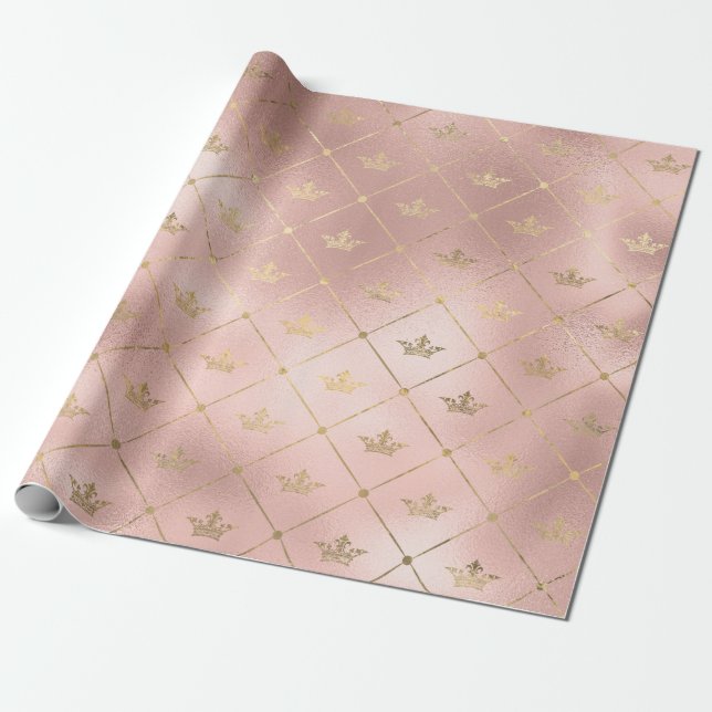 Rose Gold and Blush Pink Crown pattern Wrapping Paper (Unrolled)