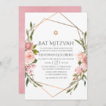 Rose Gold and Blush Pink Floral Bat Mitzvah Invitation<br><div class="desc">Blush pink and rose gold rose watercolor bat mitzvah invitation with accents of sage green adorning a gold geometric frame.</div>