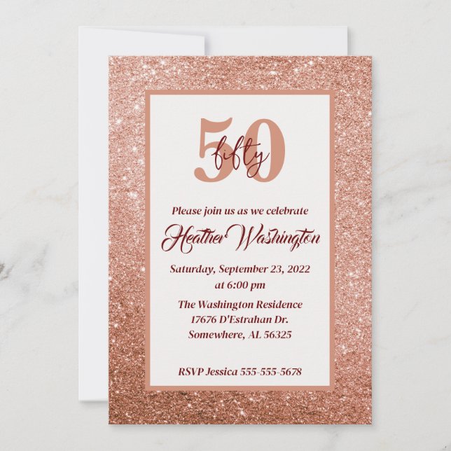 Rose Gold and Burgundy 50th Birthday Party Invitation (Front)
