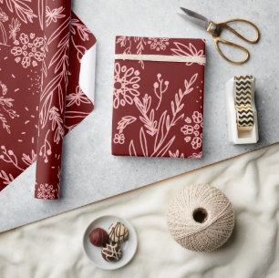 Rose Gold and Burgundy Botanical Doodle Pattern Wrapping Paper