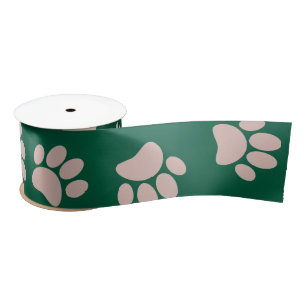 Rose Gold And Burgundy Christmas Dog Paw Pattern Satin Ribbon