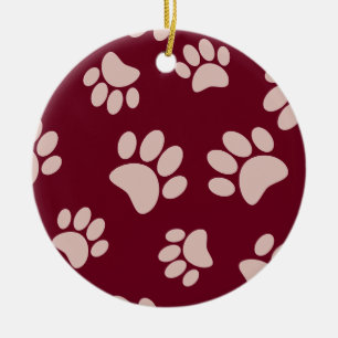 Rose Gold And Burgundy Colour Dog Paw Pattern Ceramic Tree Decoration