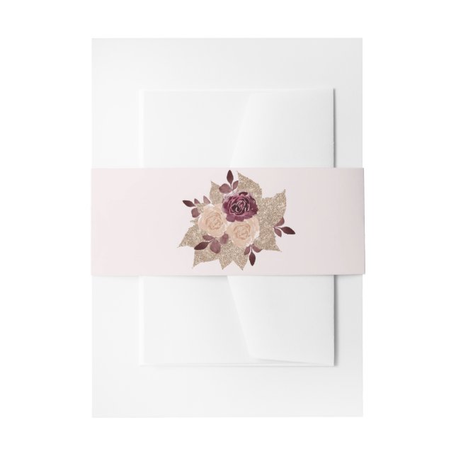 Rose Gold and Burgundy Elegant Glittery Floral Invitation Belly Band (Front Example)