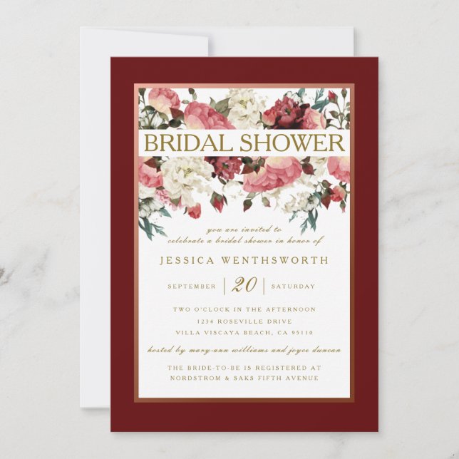 Rose Gold and Burgundy Floral Bridal Shower Invitation (Front)